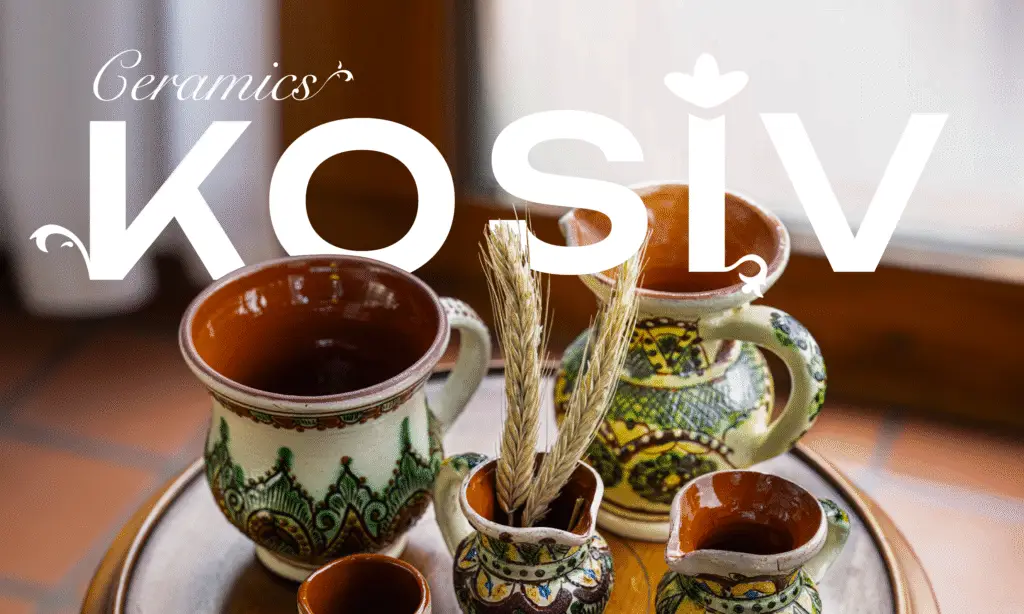 Kosiv ceramics heading superimposed on photograph of several Kosiv ceramics on a table