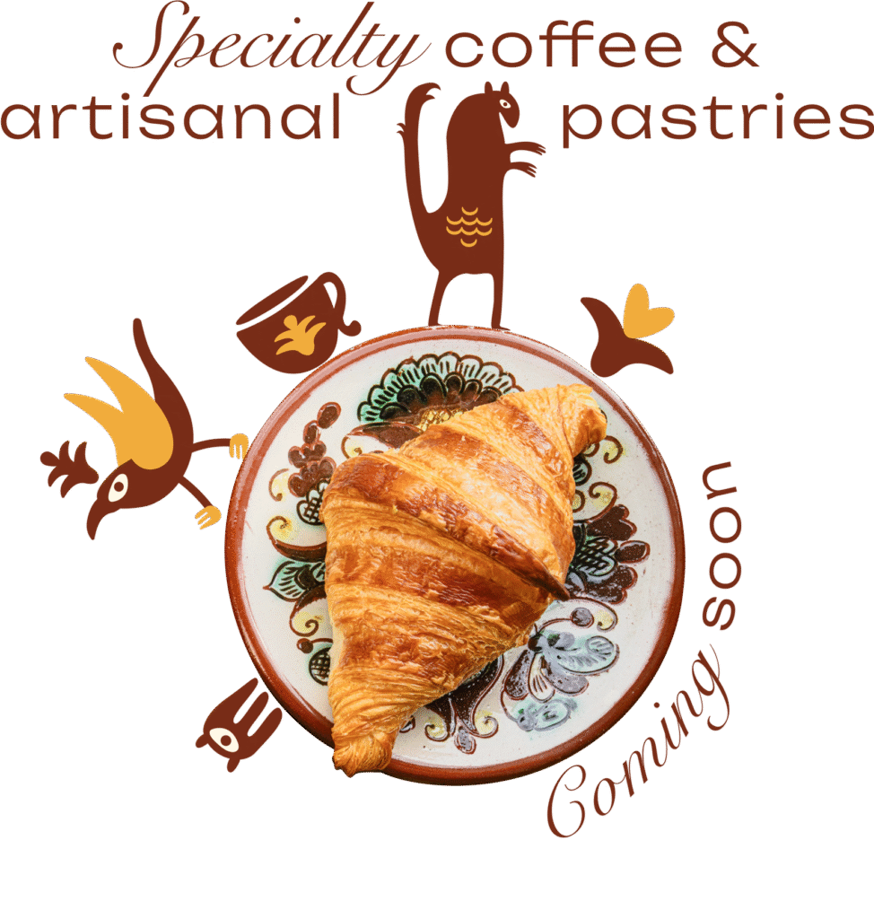 Specialty coffee and artisanal pastries heading with a croissant on a Kosiv Ceramic plate, encircled by fantastical creatures and a coffee cup