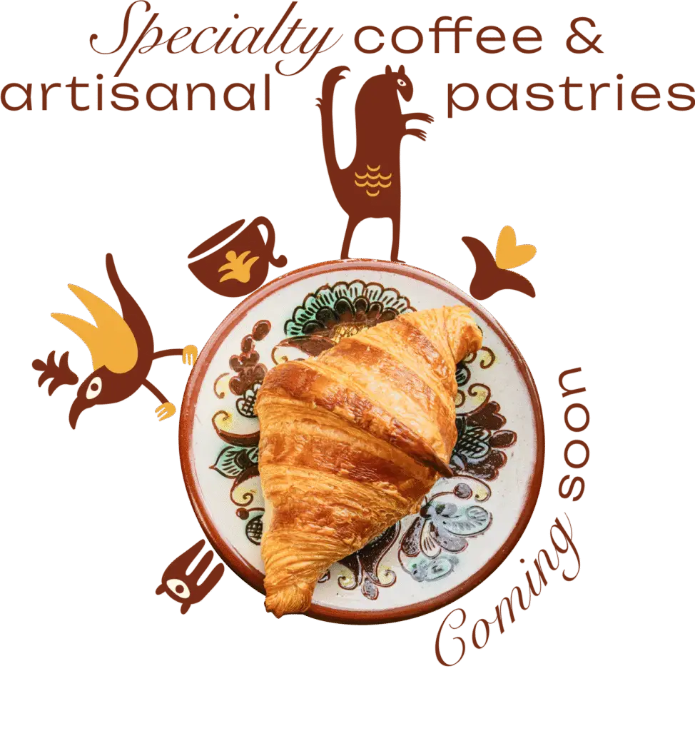 Specialty coffee and artisanal pastries heading with a croissant on a Kosiv Ceramic plate, encircled by fantastical creatures and a coffee cup