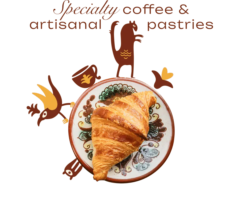 Specialty coffee and artisanal pastries with appealing image of a croissant and fantastical creatures